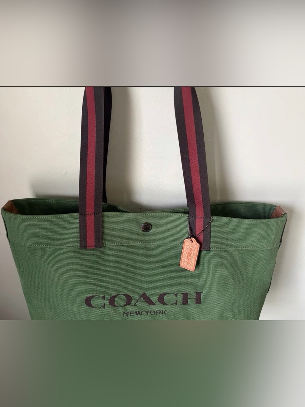 COACH Tote Bag 38 in Colorblock Forest Green Canvas/ Brown Leather/ Navy Stripes - Picture 4 of 16